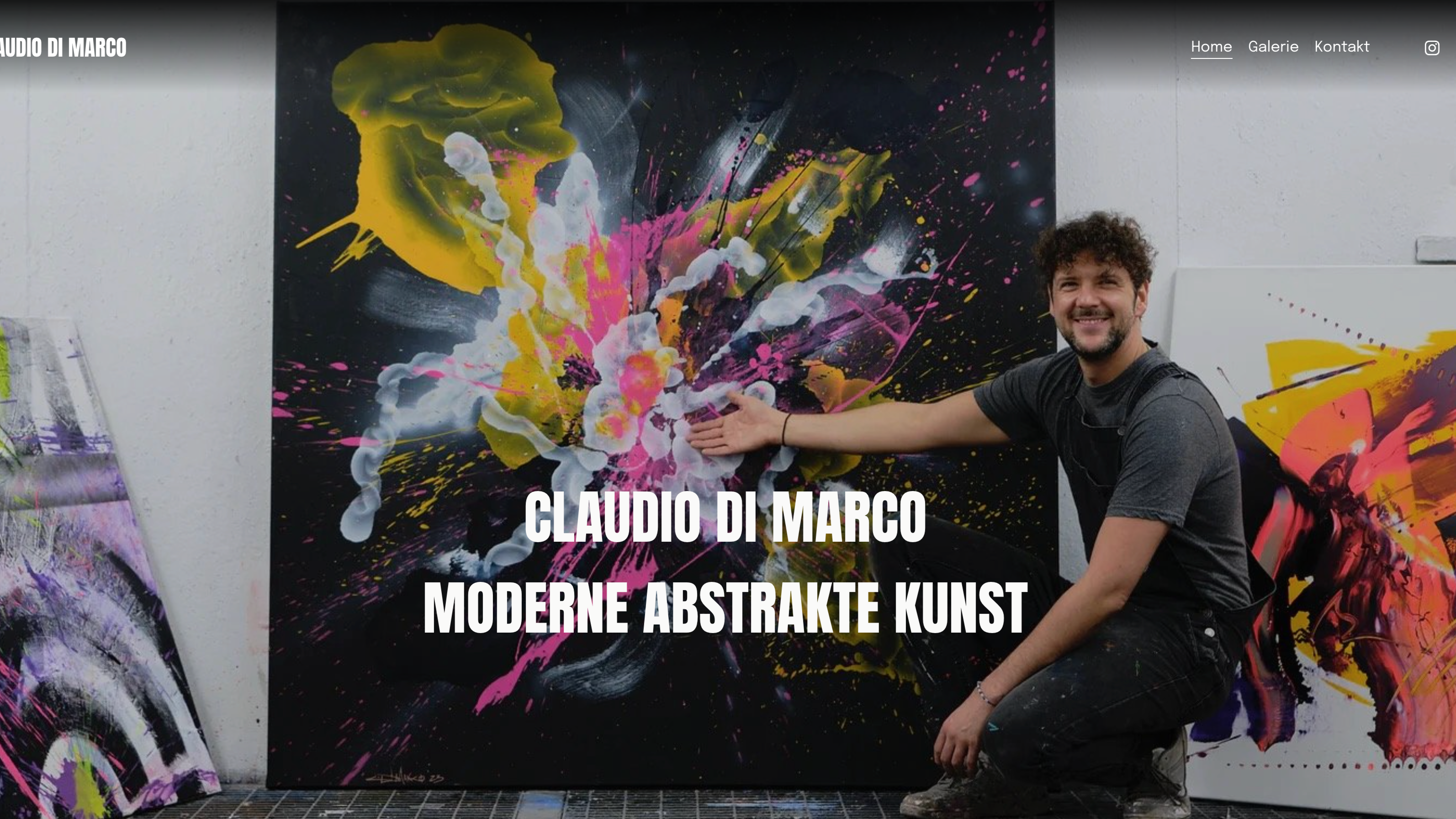 Bild einer Webseite welche wir gebaut haben für unser Portfolio zu sehen ist die Startseite mit dem Künstler und einem Kunstwerk 