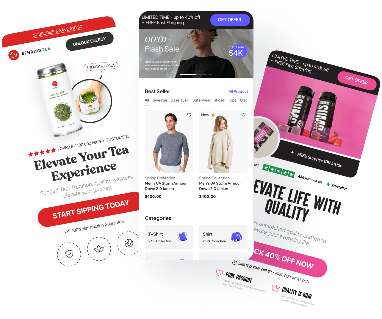 Drei überlappende Bildschirme mobiler Apps zeigen verschiedene Online-Shopping-Oberflächen